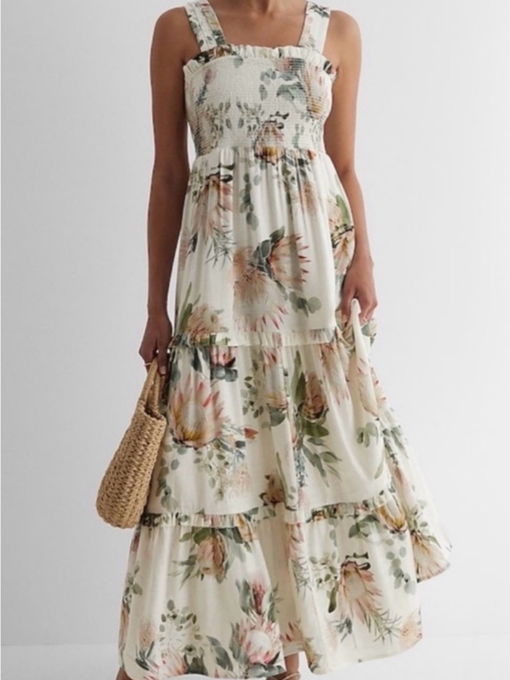 Express Tiered Floral Maxi Sundress in Cream with Green & Blush Accents